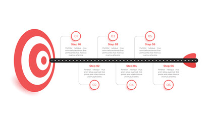 Business target infographic template design with 6 steps