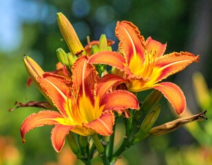 Obraz premium Orange and yellow lilies in garden