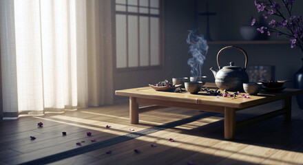 teapot, steam, tea, green tea, traditional, teacup, loose leaf tea, wooden tray, relaxation, wellness, calm, hot, beverage, ceramic, authentic, natural, fresh, brew, serenity, comfort, mindful, ritual