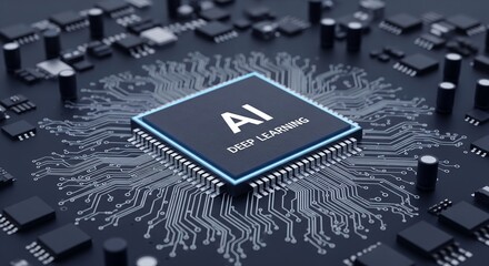 AI Deep Learning Microchip on Circuit Board Technology and Innovation Concept