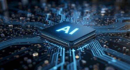 AI Microchip on Circuit Board Technology, Artificial Intelligence Concept