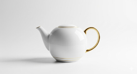 Elegant White Ceramic Teapot with Gold Handle on Isolated transparent background, Tea Time and Kitchenware