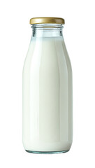 Glass milk bottle, filled with opaque white liquid, capped with gold lid