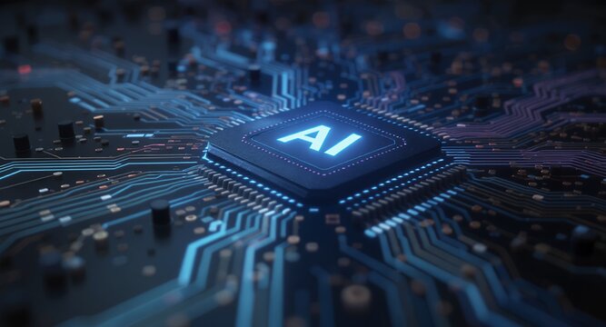 AI Microchip Technology Futuristic Circuit Board with Glowing AI Symbol Close-up