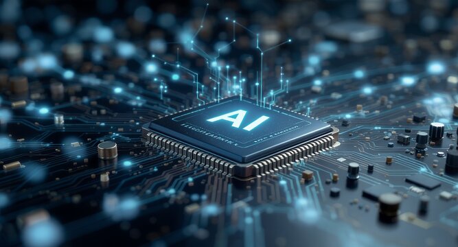 AI Microchip Technology, Artificial Intelligence, Circuit Board, Futuristic Digital Concept, Computer Processing Unit, Innovation, Technology Background