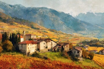 Picturesque Village Nestled in the Foothills of a Mountain Range