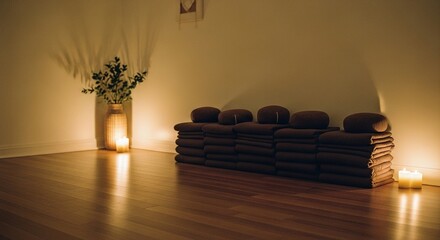 Candlelit Meditation Cushions in Yoga Studio for Wellness Campaign  
