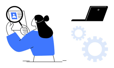 Person examining profile using a magnifying glass, laptop and gears beside. Ideal for HR, recruitment, job search, business analysis, hiring process, team building, simple flat metaphor