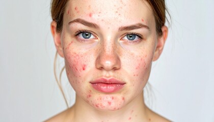 Young woman's unfiltered portrait showing acne, breakouts, and skin texture. Ideal for marketing skincare products, dermatology services, or promoting body positivity.