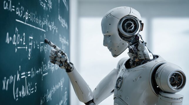 A humanoid robot is pointing at a chalkboard covered in mathematical equations, showcasing advanced learning in a contemporary classroom environment.