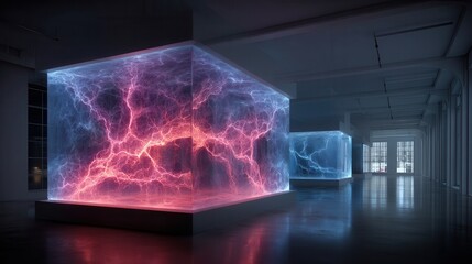 Obraz premium Futuristic Art Installation with Colorful Lightning Effects in Modern Gallery Space, Evoking Energy and Transformation in Contemporary Design