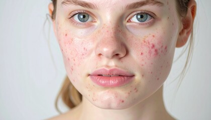 Young woman's unfiltered portrait showing acne, breakouts, and skin texture. Ideal for marketing skincare products, dermatology services, or promoting body positivity.