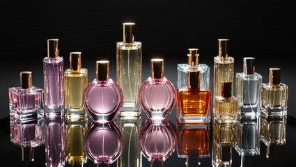 A collection of perfume bottles in various shapes and colors arranged on a reflective black background. The display is a beautiful and luxurious representation of fragrance, elegance, and cosmetics.