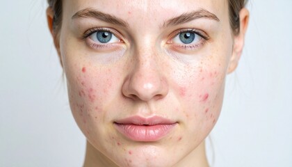 Young woman's unfiltered portrait showing acne, breakouts, and skin texture. Ideal for marketing skincare products, dermatology services, or promoting body positivity.