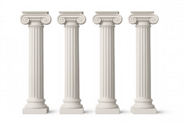 Four white ionic columns standing on a transparent background, perfect for architectural visualization or historical reenactments