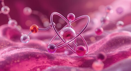 Atomic structure, molecular model, science, pink background, 3d rendering, abstract, medical illustration, healthcare, technology,
