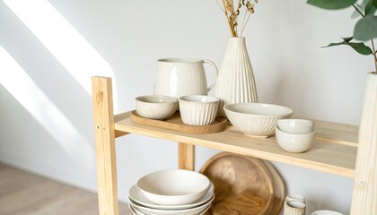 White Ceramics and Wooden Shelf Vignette