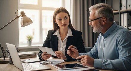 Business colleagues collaborating on project, reviewing documents on tablet and laptop
