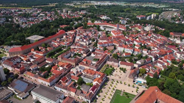 Aerial view around the old town of the city Germersheim in Germany on a sunny spring noon