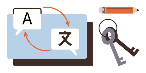 Speech bubbles with letters A and a foreign character rotating over a laptop, representing translation. Pencil and keys symbolize tools and access. Ideal for language, communication, translation