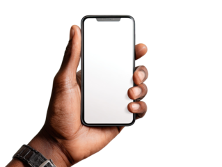 A hand holding a smartphone with a blank screen