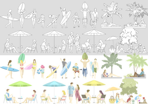 Flat vector illustration collection of surfers enjoying resorts and the sea