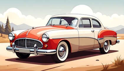 Obraz premium A vintage automobile, rendered in warm tones, sits on a desert landscape, highlighted by the vibrant orange and cream paint job.