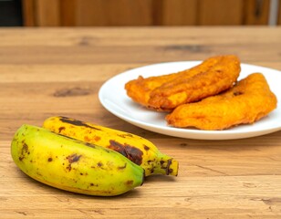 Fried bananas on a wooden table
