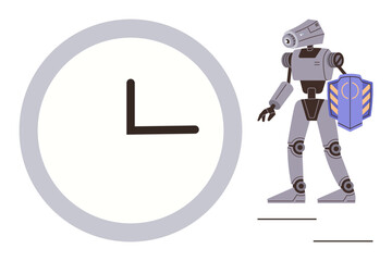 Robot holding shield standing beside clock symbolizing cybersecurity, AI, time management, automation, future technology, innovation. Ideal for digital security, robotics, time concept futuristic