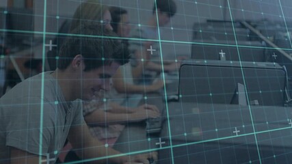 Students typing at campus lab for study initiating grid overlay while front student pausing smiling - Powered by Adobe