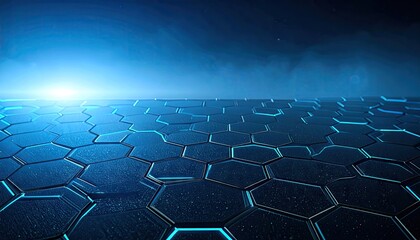 Abstract Hexagonal Cyber Mesh Network with Blue Glow and Depth Fog