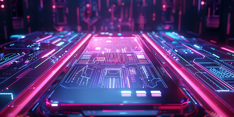 Neon-lit smartphone displaying circuit board design, surrounded by glowing pink and blue lines, futuristic vibrant technology