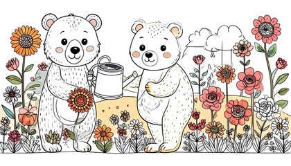 Two cute bears watering flowers in a garden