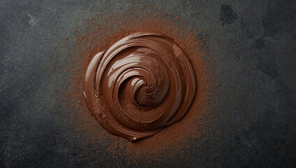 Elegant swirl of chocolate cream dusted with cocoa powder on textured stone surface, rich indulgent dessert concept for festive Chocolate Day celebration background.