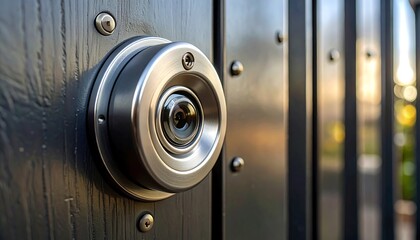 Obraz premium Close-up of a modern security camera on a dark gray metal gate.
