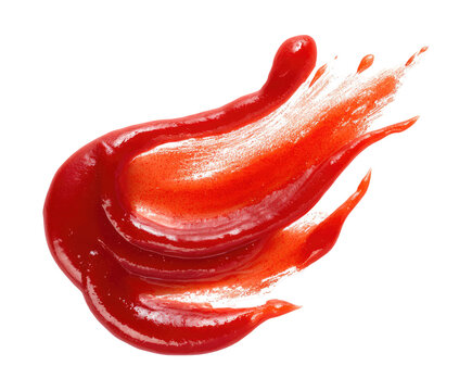 Close-up of a vibrant red sauce stain, spread and dripping