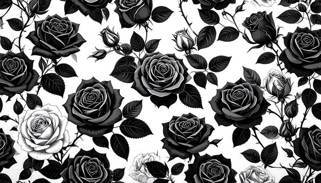 A detailed and intricate black and white floral pattern featuring numerous roses and leaves arranged in a seamless design. - Powered by Adobe