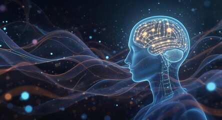 Digital rendering of a human head and brain with glowing neural pathways and abstract energy waves in the background.