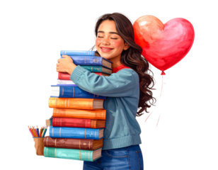 Happy Girl Hugging Books with Joyful Expression, Flat Cartoon Style (2)