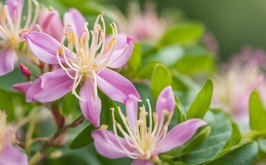 Fototapeta premium Fresh Pink honeysuckle flowers, an indispensable herb in traditional Chinese medicine, treating various infections and inflammation throughout the body.