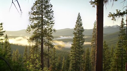 Misty mountain valley view through a dense coniferous forest at dawn.