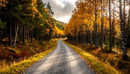 Fototapeta premium A gravel road winds through a vibrant autumn forest, bathed in golden sunlight.