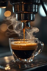 Freshly brewed espresso pouring into a clear glass cup with steam rising from the hot coffee