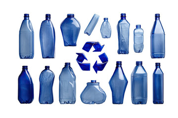 A collection of various blue plastic bottles, arranged in a grid, with a stylized recycle symbol in the center. The bottles exhibit a range of shapes and distortions.