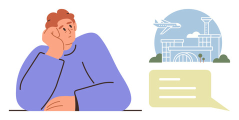 Pensive individual resting chin on hand, gazing at dialogue bubble showing airport and airplane. Ideal for travel planning, wanderlust, future goals, imagination, decision-making, dreams