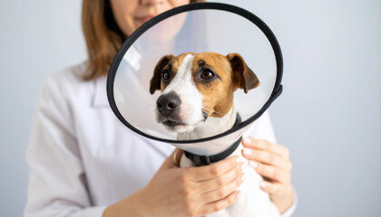 Sick dog wearing protective cone collar being comforted by veterinarian in white coat, showing care and concern during medical treatment