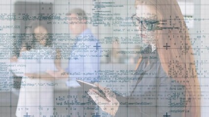Red-haired woman tapping tablet starting code overlay in office while colleagues processing data - Powered by Adobe