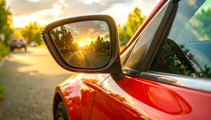 Fototapeta premium A vibrant sunset reflected in a car's side mirror, showcasing a city street scene.