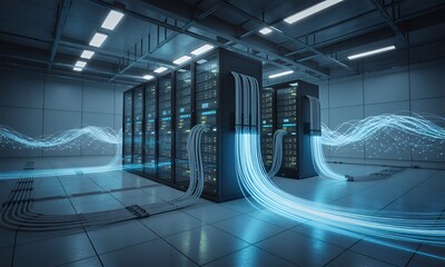 High-tech server room with glowing fiber optic cables and data transfer visualization, futuristic data center concept.