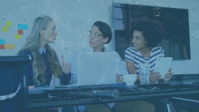 Colleagues in business meeting with woman raising finger presenting idea, animated arrows appearing